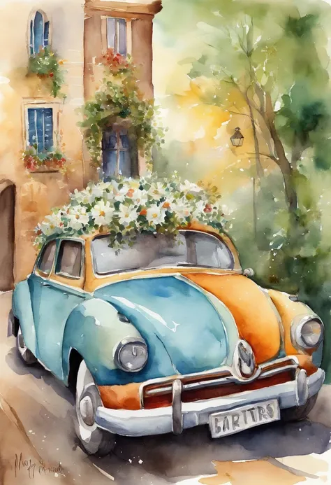 illustration just married car