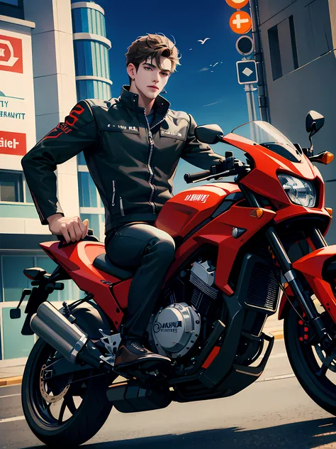 1handsome boy, riding motorcycle, city, absurdres, high res, ultrasharp, 8K, masterpiece, looking at viewer