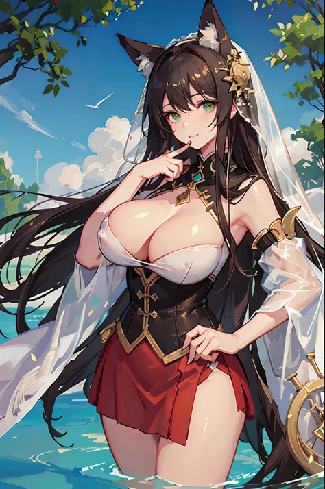 (Masterpiece, best quality, beautiful eyes, highly detailed, high res), 1girl, fox girl, fox ears, fox tail, brown hair, green eyes, mature woman, massive breasts, massive cleavage, white dress, sexy, veil, shiny skin, wet skin, water, goddess, wet clothes...