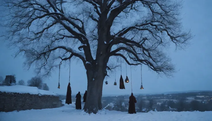 medieval hungary, three corpses hang limply from trees by the dirt roadside, snow, eerie, scary, mystical, night, moon in sky, cinematic scene from film