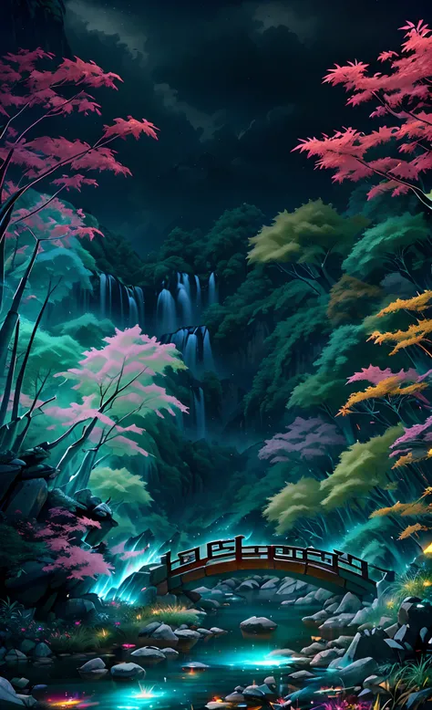 ((diffuse colors)) Ancient Chinese architecture, cool colors, dark night, moon, garden, bamboo, lake, stone bridge, rockery, arch, corner, tree, running water, landscape, outdoor, waterfall, grass, rock, intense rainfall, thunderstorm, vines all around, gi...