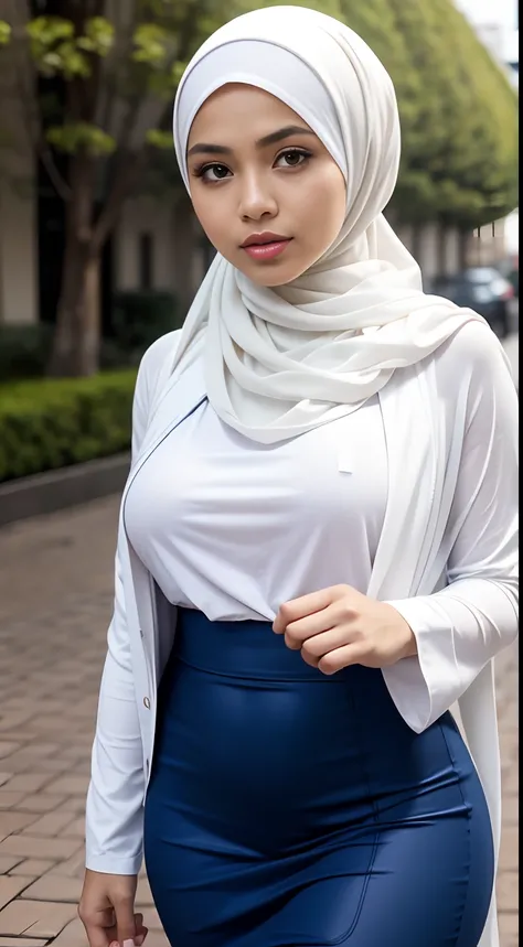 RAW, Best quality, high resolution, Masterpiece: 1.3), Beautiful Malay woman in hijab, Masterpiece, Perfect slim body, (Big breasts), Beautiful big eyes, Soft smile, Wearing a long, fine knit turtleneck t-shirt,Hair tie, morning walk, City park, Good light...