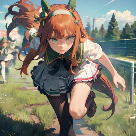 Masterpiece, Best Quality,  close up, face shot,
silence suzuka (umamusume),, white skirt, pleated skirt, black tights, white bra with patches, black bow, running, Loose grass, heel, Butt view, full length, Srusy