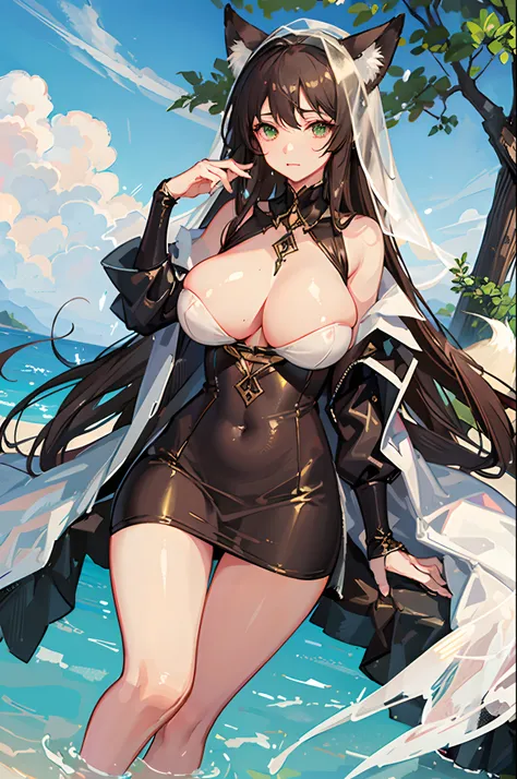 (Masterpiece, best quality, beautiful eyes, highly detailed, high res), 1girl, fox girl, fox ears, fox tail, brown hair, green eyes, mature woman, massive breasts, massive cleavage, white dress, sexy, veil, shiny skin, wet skin, water, goddess, wet clothes...