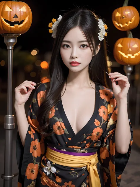 In a futuristic scene, Geisha in Japan with mechanical reinforcement、Elegant in elaborate gardens. She has beautifully detailed eyes and lips that complement her face. Geishas wear traditional kimonos with intricate patterns and designs. Night city and Hal...