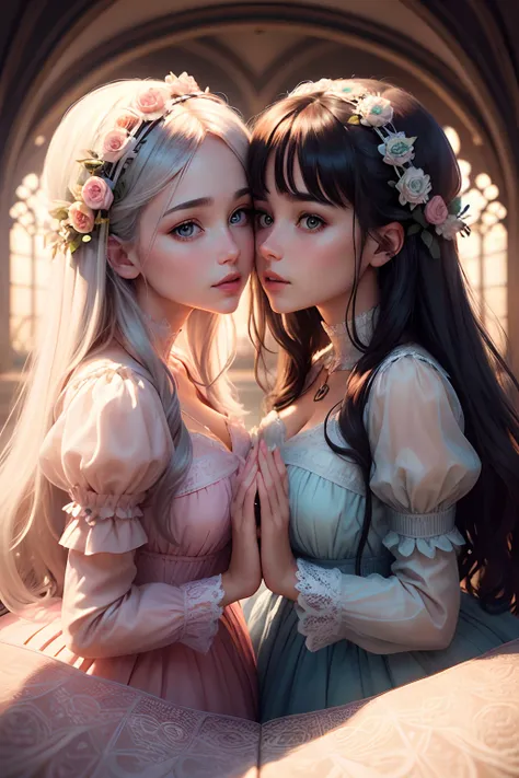 Highly detailed image of a couple kissing, fairytale, symmetrical face, symmetrical eyes, looks at the camera, stunning photography, photorealistic, art station, soft pastel colours, highly detailed, intricate, path tracing, illustration, insanely detailed...