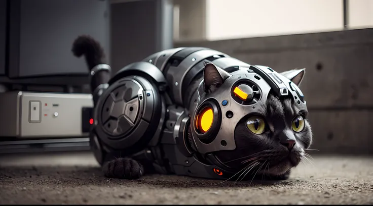 cute cyborg cat, half made of metal