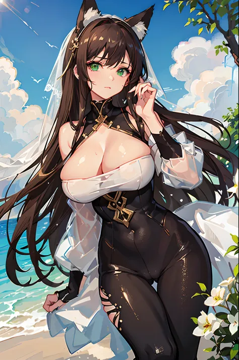 (Masterpiece, best quality, beautiful eyes, highly detailed, high res), 1girl, fox girl, fox ears, fox tail, brown hair, green eyes, mature woman, massive breasts, massive cleavage, white dress, sexy, veil, shiny skin, wet skin, water, goddess, wet clothes...