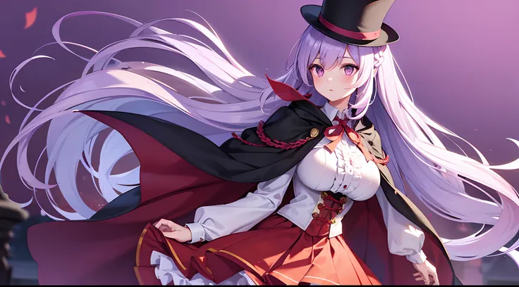 1 girl, game CG, frilled white shirt, short red skirt, cloak, top hat, neck ribbon, hair ribbon, gigantic breasts, light purple hair, long hair, french braid, purple eyes, Halloween background,