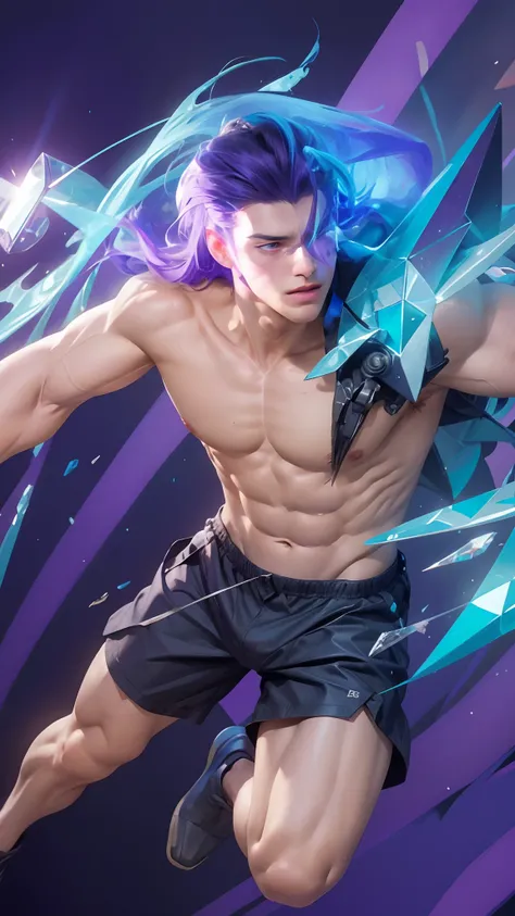 (max resolution: 1.2), (Ultra HDTV: 1.2), 8K resolution, Eye and skin details, face details, , (Sharp focus: 1.2), (Precise focus) sharp face: 1.2), (((Boy))), Standing, Long hair, Purple hair, Shirtless, Exposed pecs, Six pack abs, black briefs, Sci-fi, C...