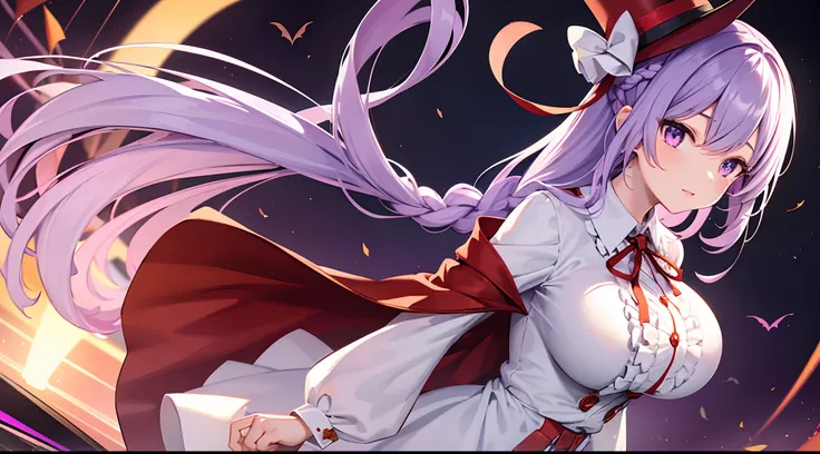 1 girl, game CG, frilled white shirt, short red skirt, cloak, top hat, neck ribbon, hair ribbon, gigantic breasts, light purple hair, long hair, french braid, purple eyes, Halloween background,