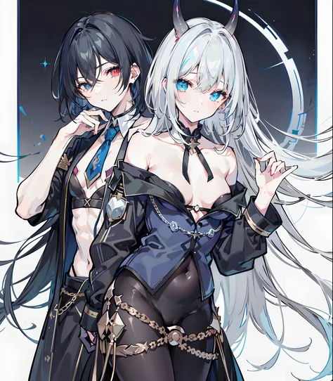 Young man 1, Demon horn, {{{(Dark blue heterochromia), (Dark gray heterochromia)}}}, ((Hi-Res)), ((masuter piece)), ((Best Quality)), (Very detailed)), Large file size, fulcolor, Short black hair, Chiseled abs, thin chest plate, Open Brassiere