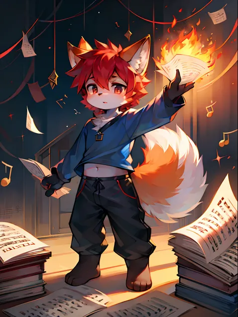 a fox，Fiery red hair，blue-shirt，black cloaths，Fluffy tail，adolable，Shota，music sheets，are standing，There is light in the eyes，Scattered paper，Scattered paper floating in the air