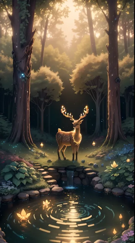 Masterpiece, best quality, (very detailed CG unified 8k wallpaper), (best quality), (best illustration), (best shadow), glowing elf with a glowing deer, drinking water in the pool, natural elements in forest theme. Mysterious forest, beautiful forest, natu...