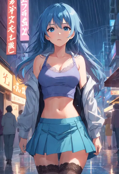 Girl standing in heavy rain, Night in the yard, Skyscraper lights, Wet characteristics, Wet clothes, Sadness Face, Tears on her cheeks, The sadness on her face, Blue hair, Blue eyes, negative:Crooked fingers, Thick legs, Incorrect body posture 4K,Masterpie...