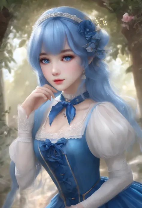 女の子1人、独奏、Blue eyes、Blue hair、Hairstyle is medium bob、Blue Long Boots、a blue skirt、headband like a white ribbon on the head、Blue ribbon at chest、Top Quality