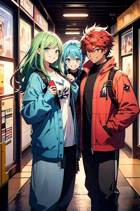 a couple of anime characters standing next to each other and happily posing for a picture (Boy and Girl), a blue vibrant color pallet, lightly smiley faces, casual clothes, 8k, high quality, ray tracing, looking at the camera, holding phones