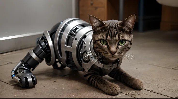 cute cyborg cat, half made of metal