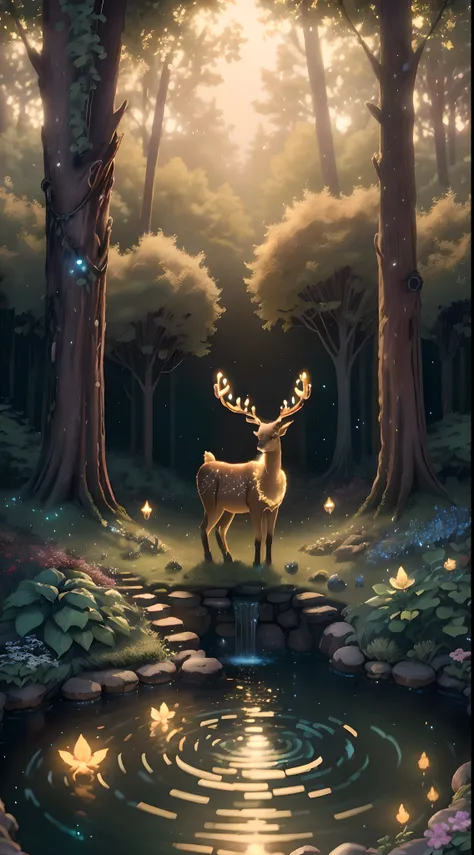 Masterpiece, best quality, (very detailed CG unified 8k wallpaper), (best quality), (best illustration), (best shadow), glowing elf with a glowing deer, drinking water in the pool, natural elements in forest theme. Mysterious forest, beautiful forest, natu...