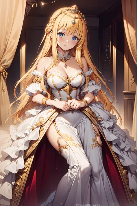 teens girl，Enchanted，opulent，Being in love，divino，(Yellow and white princess dress:1.3)，blond hairbl，eBlue eyes，princess tiara，Maximalism，Multiple layers of delicate ruffles，Lots of lace，(Lines on clothes:1.2)，(exquisite costumes:1.1)，(Multi-layered skirt)...