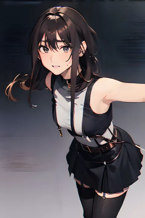 Black skirt, 　suspenders, Brown hair Gray eyes, Garter belt on the legs, Tight black clothes, 　　 a belt　Armpit sweat　　Dark look　Moderately breasts　holster　chain　　poneyTail　Water wetting