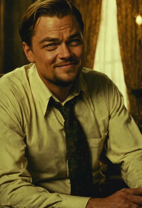 closeup cinematic still of Leonardo DiCaprio , in a shirt and tie, (1850s) western parlor, sitting smiling, perfect eyes, detailed face, (django movie), analog