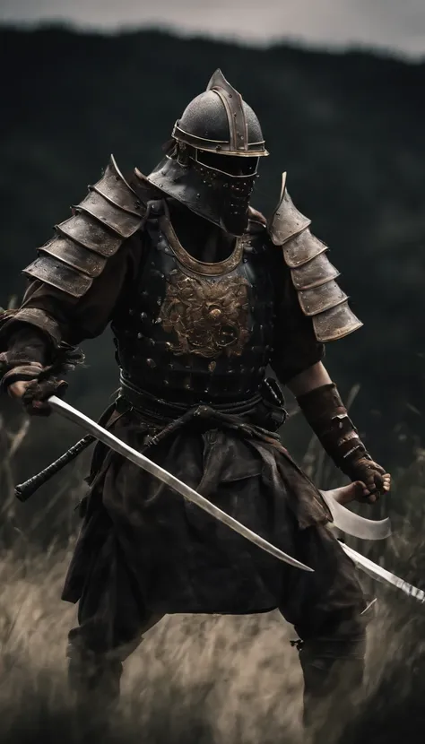 (best quality,4k,8k,highres,masterpiece:1.2),ultra-detailed,realistic,Japanese style samurai armor,black face mask,black gauntlets,black armored boots,battlefield,dark atmosphere,dominant