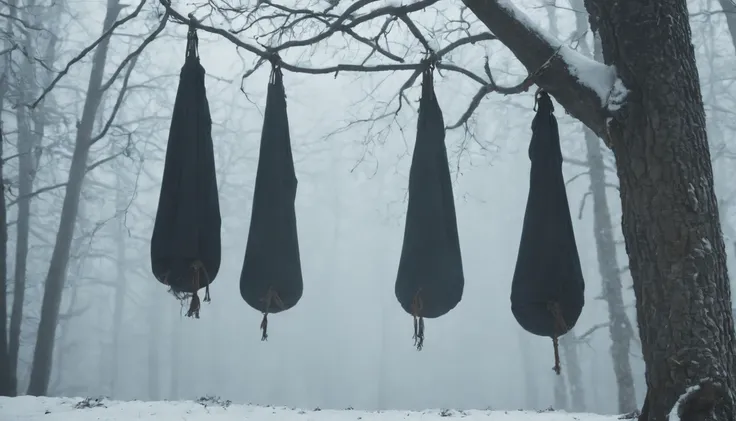 medieval Hungary, three mens bodies hanging from a tree with nooses tied around their necks, night, snow, forest, gothic, eerie, scary, cinematic scene from film