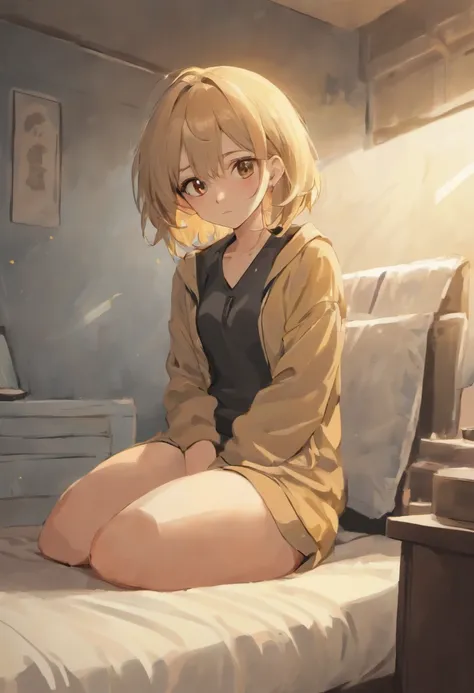 1girll，age 22，Flaxen hair，short detailed hair，with brown eye，Medium-sized chest，whitet-shirt，Black jacket，Black cropped pants，White sneakers，inside bedroom，Sitting on the bedside，Best quality at best