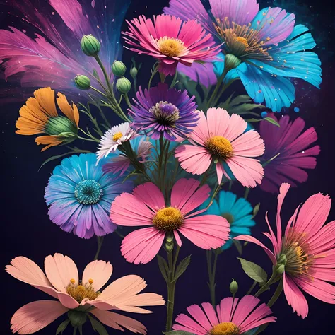 Realistic Flower Cosmos:1.5,Beautiful feathers:1.3,top-quality,Best Quality,Beautiful and mysterious flowers,Extremely detailed,Fractal Art:1.3,Colorful:1.4,highest details,Zentangle:1.2,Dynamic,Abstract background:1.3