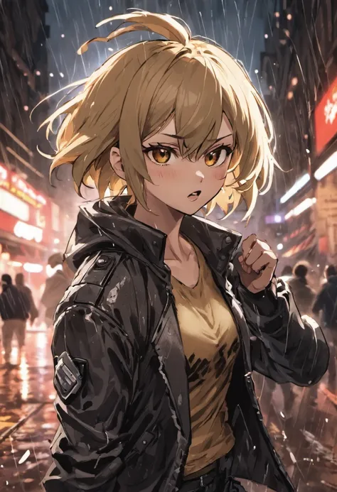 close up photograph, 1womanl，Flaxen hair，short detailed hair，hair messy，with brown eye，Black jacket，On the streets soaked with rain at night, Photorealistic, Cinematic lighting