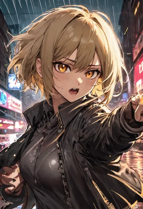 close up photograph, 1womanl，Flaxen hair，short detailed hair，hair messy，with brown eye，Black jacket，On the streets soaked with rain at night, Photorealistic, Cinematic lighting