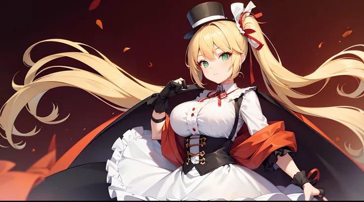 1 girl, game CG, frilled white shirt, short red skirt, cloak, top hat, neck ribbon, hair scrunchie, gigantic breasts, blonde, middle hair, side ponytail, green eyes, Halloween background,