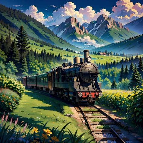 An old-fashioned train, viajando sobre seus trilhos, passando por uma bela paisagem de natureza multi-cores, montanhas, Hills, bird, Beautiful 16k sharp image, uma imagem realista linda com muitos detalhes lindos