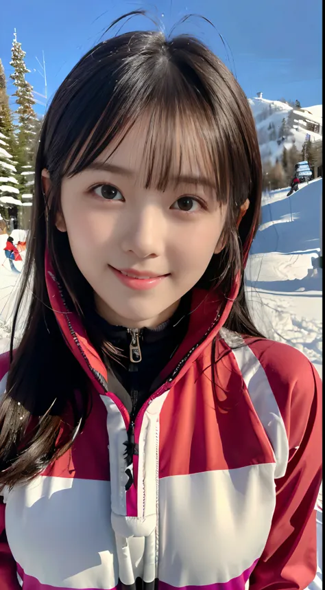 (Close up portrait of one girl with slender small breasts and long hair with dull bangs in colorful ski clothes:1.5)、(One girl skiing with her face and small smile :1.5)、(Snow Ski Garden:1.5)、(Beautiful sunset red sky 1.5)、(Perfect Anatomy:1.3)、(No mask:1....