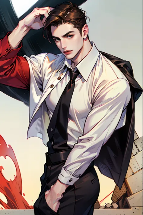 man, muscular body, 27 years old, no beard, black eyes, pale skin, brown hair, straight hair, short hair, red lips, big butt, huge chest, wears white dress shirt, black dress pants