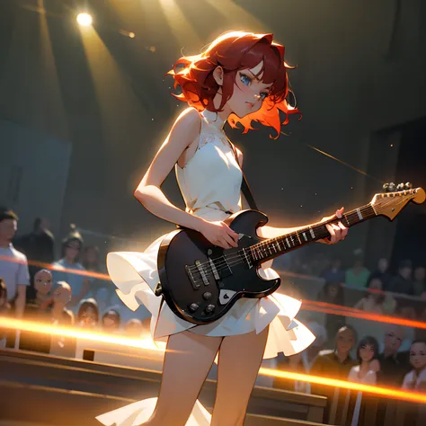 Extremely detailed, Ultra-detailed, Realistic, In a small live music club, Full body shot, Various lighting effects used in live concerts, (Photos with motion blur from moving subjects), a 17 years old girl, guitarist, electric guitar, Wearing a white dres...