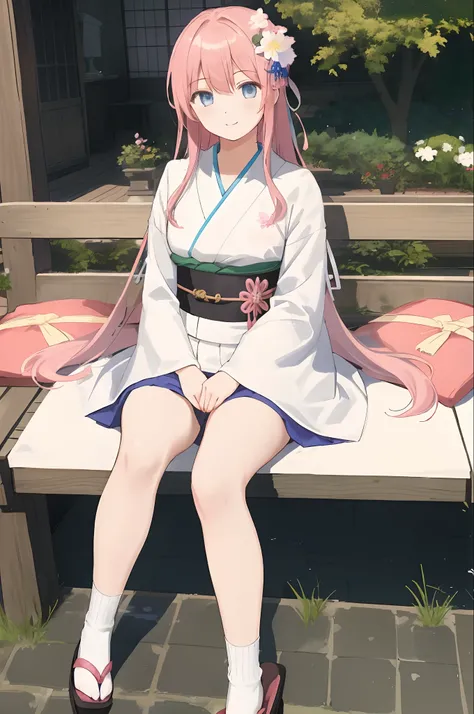 1girl、独奏、Japan clothes、Bow、sitted、A pink-haired、kimono、White kimono、florals、sockes、hair adornments、a smile、looking at the spectator、skirt by the、a belt、length hair、plein air、obi、Wide sleeves、Closed、full bodyesbian、sandal、a blue skirt、print、bangss、white soc...