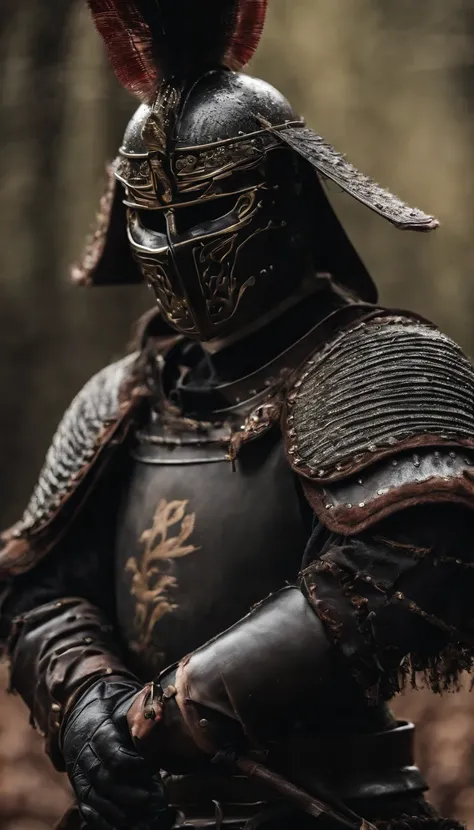 (Best quality,4K,A high resolution,Masterpiece:1.2),Ultra-detailed,Photorealistic,japanese samurai armor,Black mask,Black gloves,Black armored boots,Warfield,holding samurai sword,Dark atmosphere,Dominant