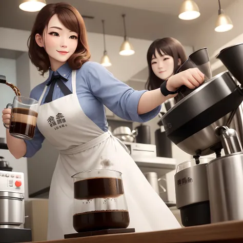 In a fashionable café、A woman with high female power is brewing coffee。A woman has an、White dress with apron、Hair is neatly put together。She、Grind coffee beans、We brew coffee carefully.。The figure is、Very professional、Full of confidence。