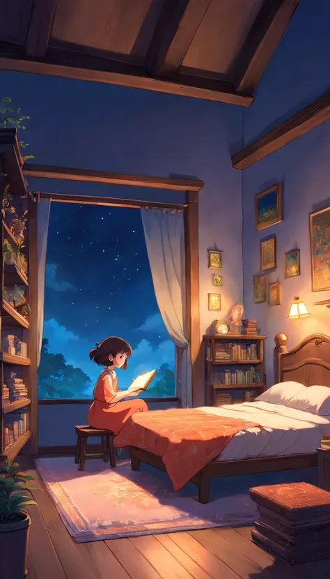 Enchanting illustration of a bedroom in midnight, where a girl and a whimsical tiny fairy are in quiet contemplation. The girl sits on her bed, while the fairy hovers nearby, sprinkling shimmering pixie dust. There is a kalimba instrument that rests peacef...