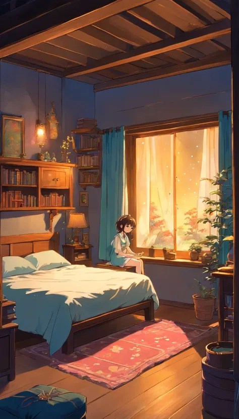 Enchanting illustration of a bedroom in midnight, where a girl and a whimsical tiny fairy are in quiet contemplation. The girl sits on her bed, while the fairy hovers nearby, sprinkling shimmering pixie dust. There is a kalimba instrument that rests peacef...