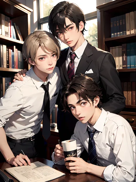 2boys,11 only、(Mans :2),(bobhair:1.5)、A dark-haired、Brown hair、Drinking coffee、chum、Brightly colored ties、Cluttered library、Twilight,Natural lighting、hightquality、masutepiece,8K,hight resolution、