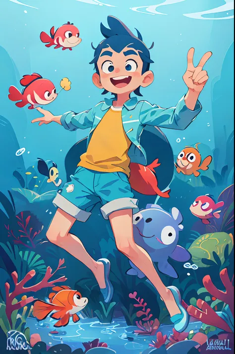 based on this illustration improve more details and features Cartoon, "estilo luigi lucarelli" (melhor qualidade, ultra-detalhado) Clownfish smiling fish, clownfish