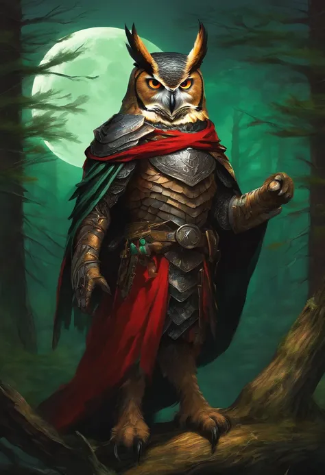 Anthropomorphic great horned owl wearing black leather armor a dark green cloak and a red scarf. Dark forest at night in front of a huge moon