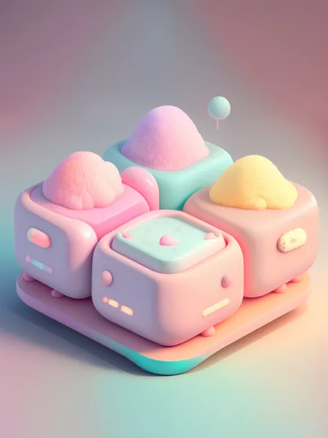 microworld, isometric view of cute kawaii keyboard, (pink, white, yellow, purple), cozy and pastel, lighting particle, dynamic l...