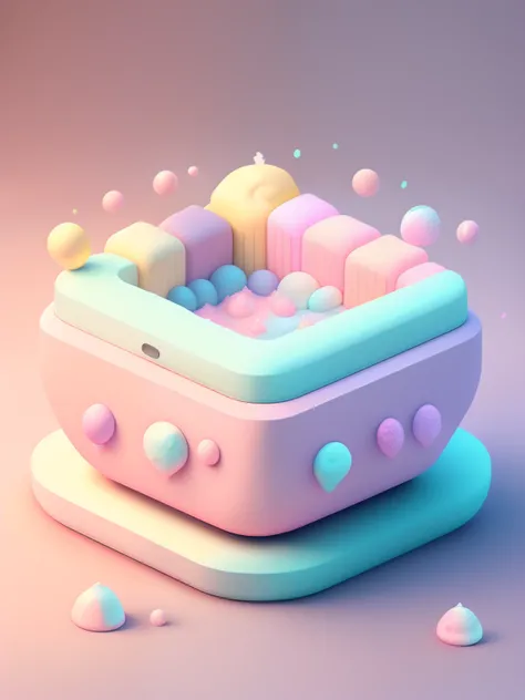 microworld, isometric view of cute kawaii keyboard, (pink, white, yellow, purple), cozy and pastel, lighting particle, dynamic light effect, futuristic, incredibly detailed, super resolution