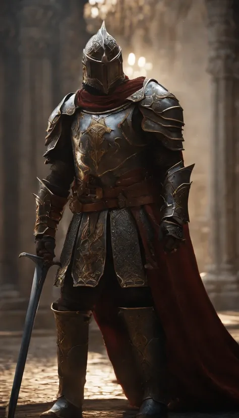 (Best quality,4K,8K,A high resolution,Masterpiece:1.2),Ultra-detailed,(Realistic,Photorealistic,photo-realistic:1.37),A sword-wielding demon armor warrior stood in the hall, Full body portrait of the mysterious knight, Wearing heavy armor，A sacred warrior ...