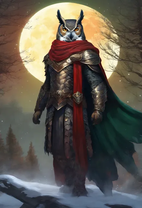 Anthropomorphic great horned owl wearing black leather armor a dark green cloak and a red scarf. Dark forest at night in front of a huge moon