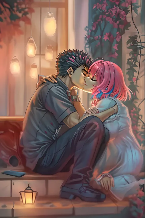 riamu,guts,couple,husband and wife,love dovey couple,sitting,hug,kiss,smile,masterpiece:1.2,ultra-detailed,realistic:1.37,portraits,vivid colors,warm tones,soft lighting